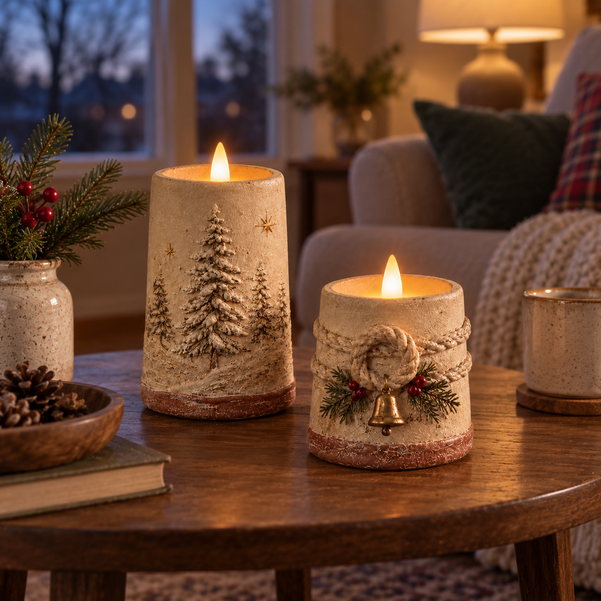 Rustieke kerstversiering met vlamloze LED-kaarsen