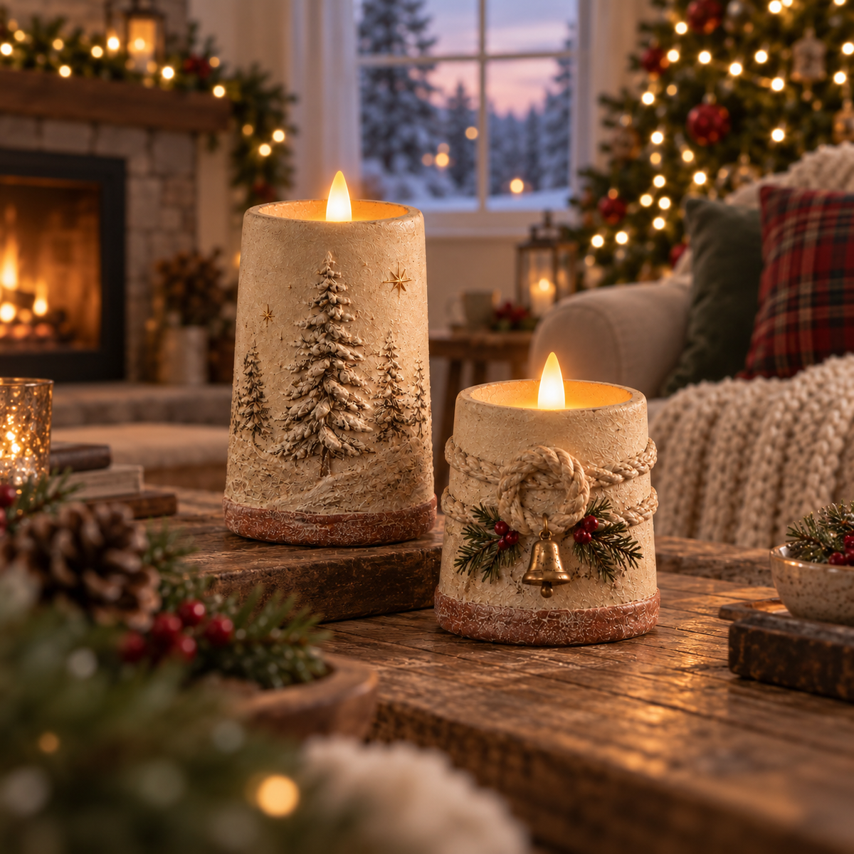 Rustieke kerstversiering met vlamloze LED-kaarsen