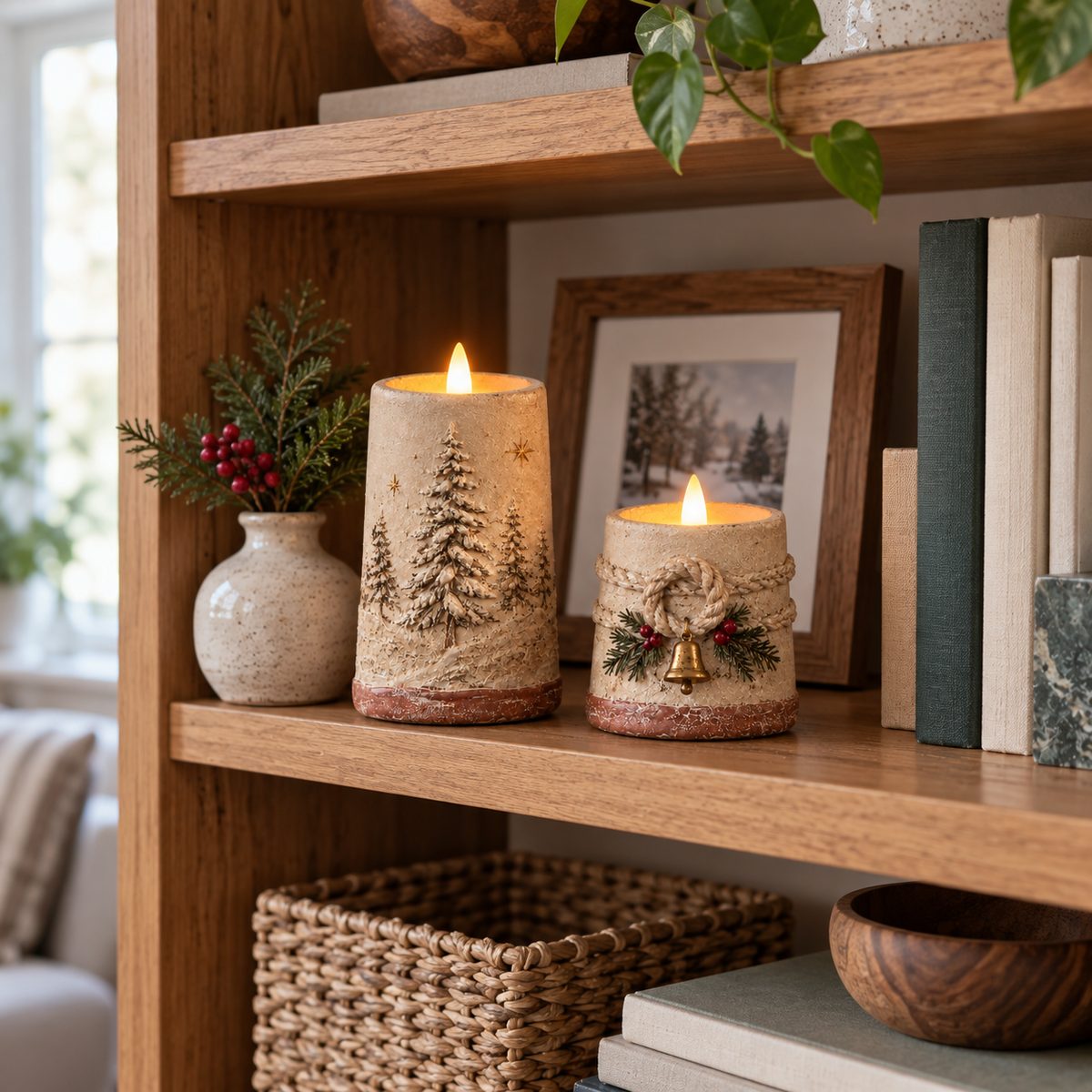 Rustieke kerstversiering met vlamloze LED-kaarsen